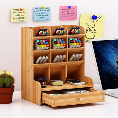 12 Compartment Wooden Desk Organizer with Drawers Art Supplies Storage Desktop Stationary-Khaki