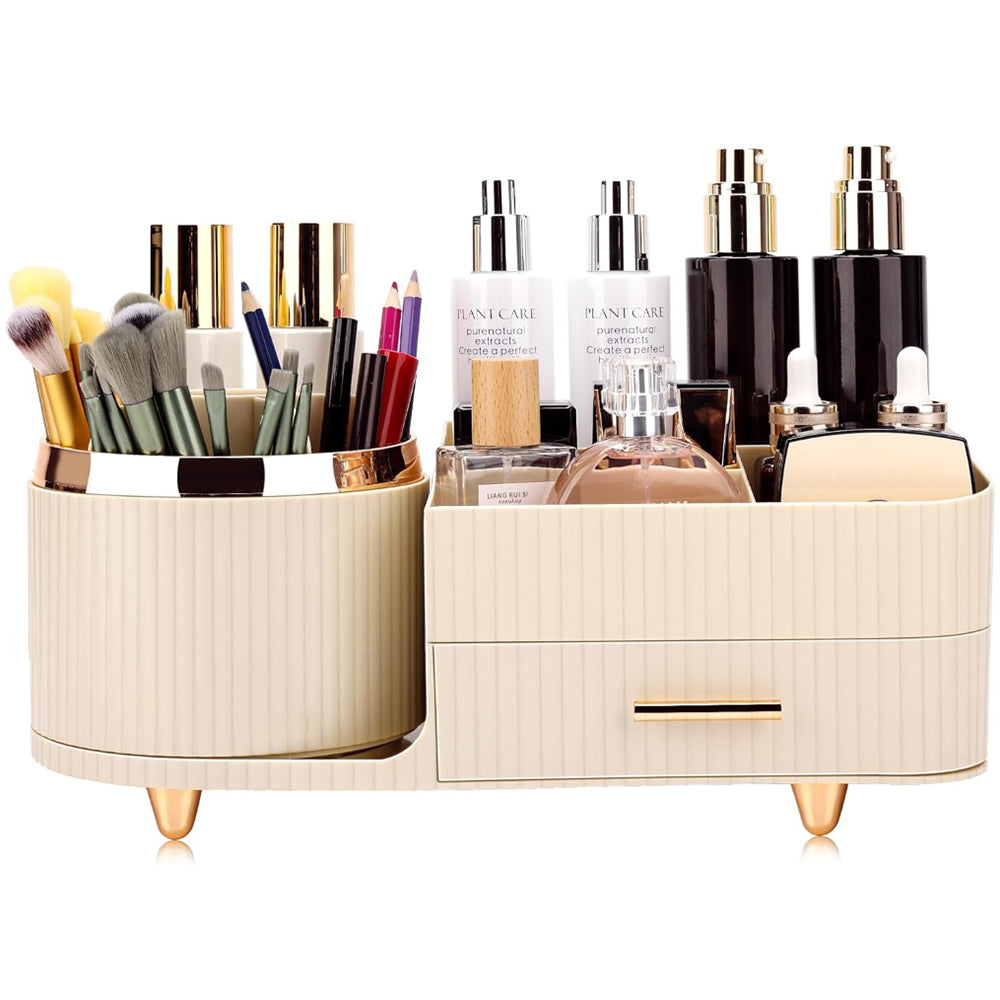 Rotating Makeup Organizer for Vanity with Brush Holder and Drawer Spinning Cosmetic Storage Case Beige