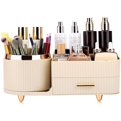 Rotating Makeup Organizer for Vanity with Brush Holder and Drawer Spinning Cosmetic Storage Case Beige