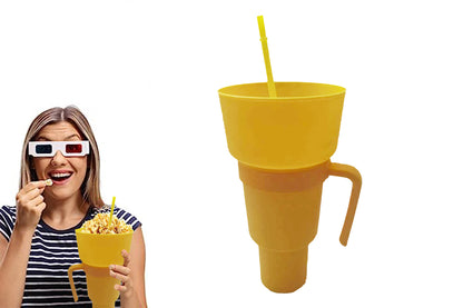 Reusable Tumbler Popcorn Cup Beverage Snack Multifunctional Split Cup With Straw-Yellow