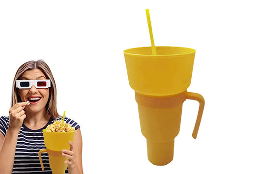 Reusable Tumbler Popcorn Cup Beverage Snack Multifunctional Split Cup With Straw-Yellow
