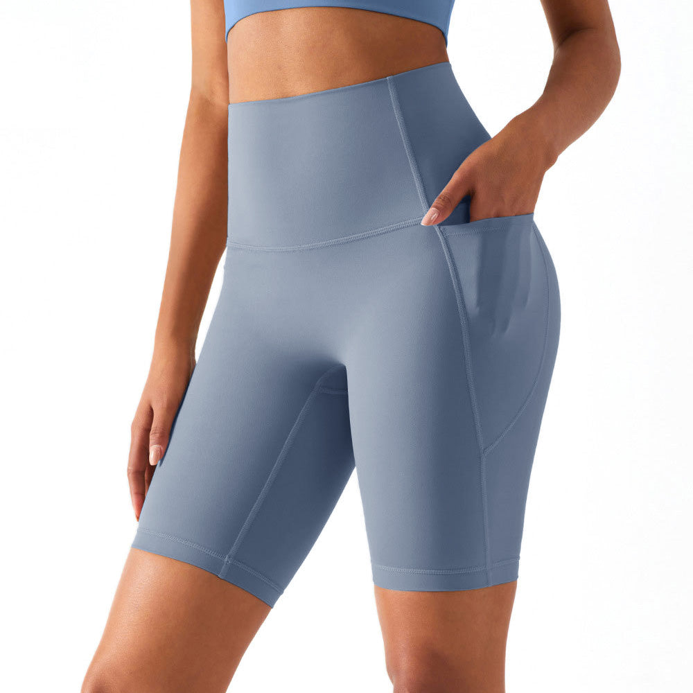 Women High Waist Biker Yoga Shorts with Pockets-Blue