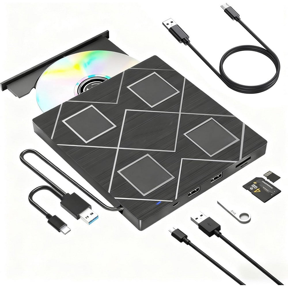5-in-1 External CD/DVD Drive for Laptop CD/DvD Rw Burner with SD/TF Card Reader