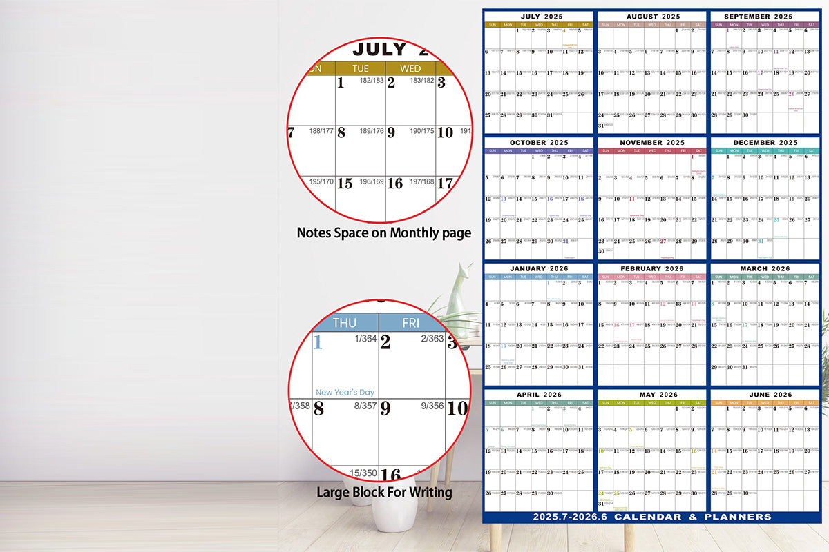 2Pcs 2025-2026 Financial Year Wall Planner 88x58cm Wall Calendar Monthly Hanging Calendar