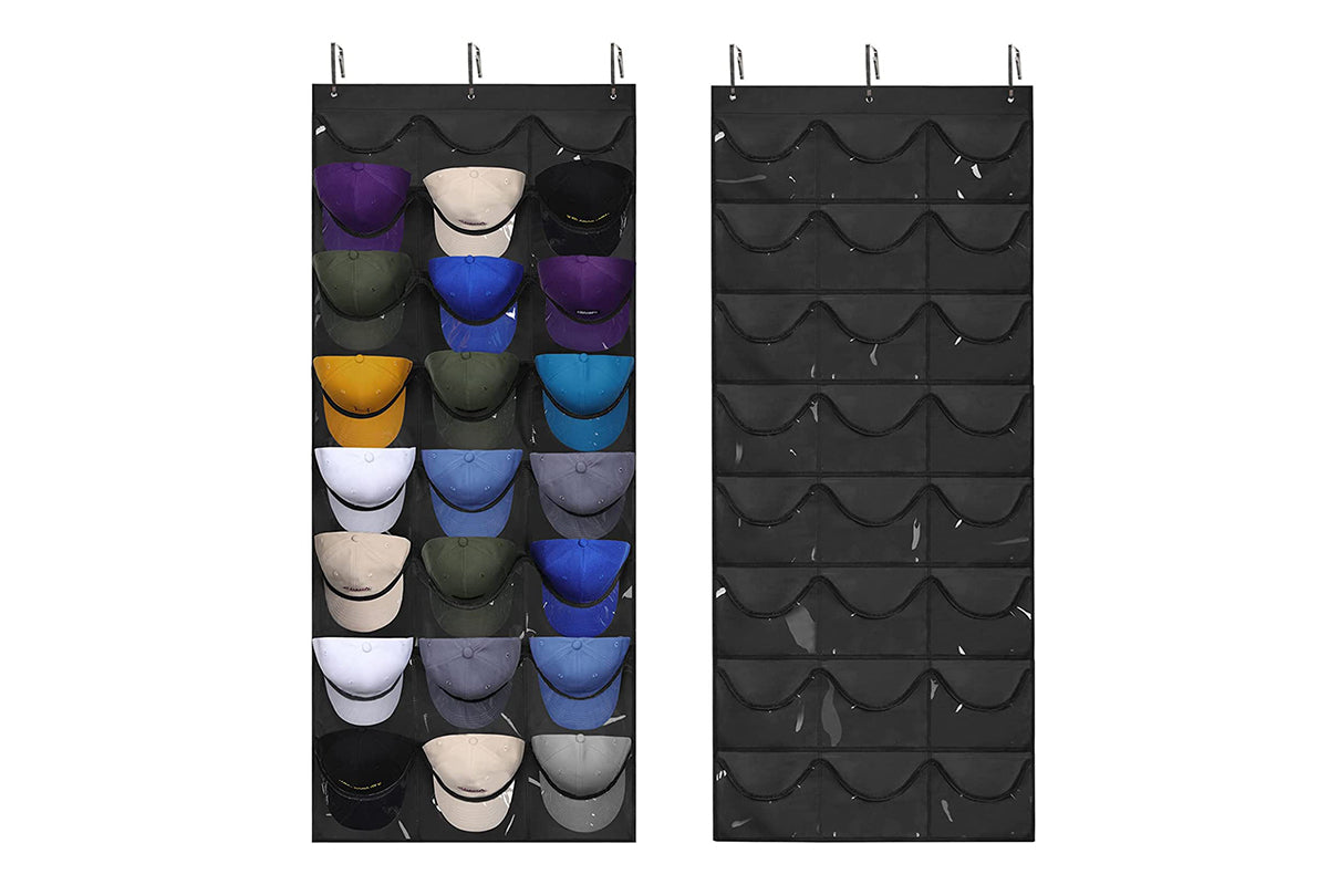 Baseball Hat Rack 24 Pocket For Wall Or Over The Door Cap Organizer-Black