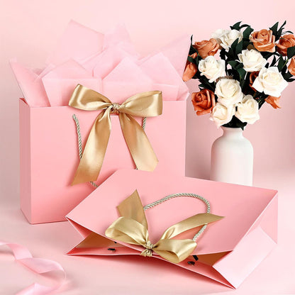 4Pieces Gift Bags with Cards and Wrapping Paper for Weddings Parties - Pink