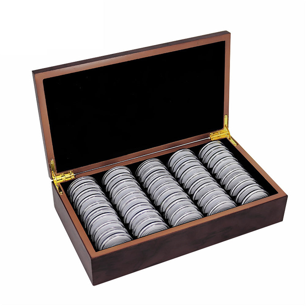 50PCS Coin Capsules Storage Box with Wooden Case Holder Collection Display Organizer