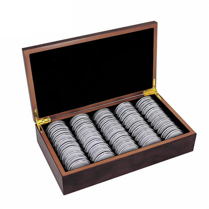 50PCS Coin Capsules Storage Box with Wooden Case Holder Collection Display Organizer