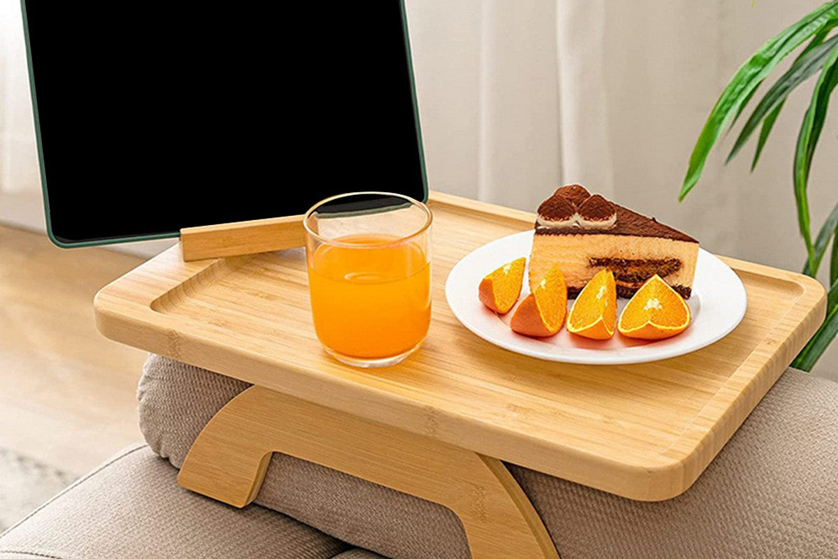 2pcs Bamboo Foldable Clip On Sofa Armrest Tray with Phone Holder-Rectangular