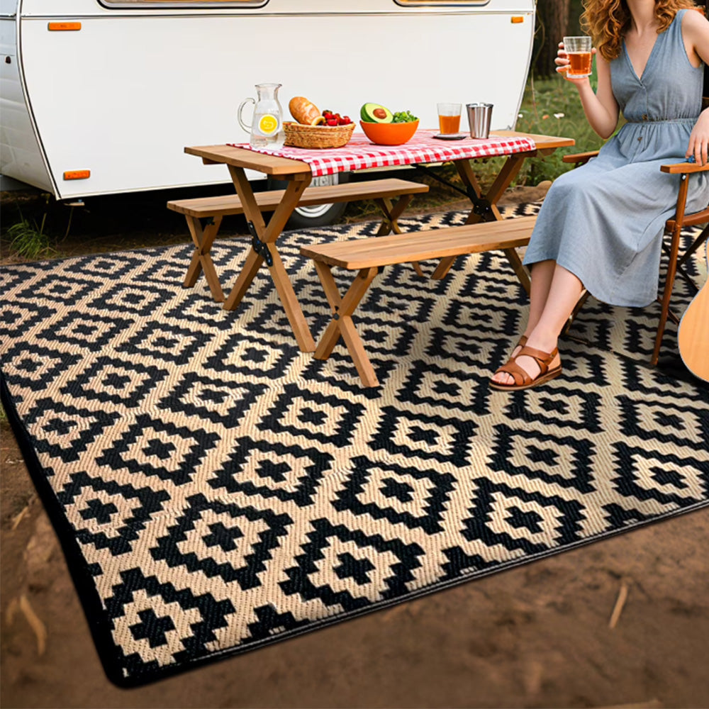 Camping Mat Outdoor Woven Mat Waterproof Reversible Picnic Rug for Beach Tent-Beige