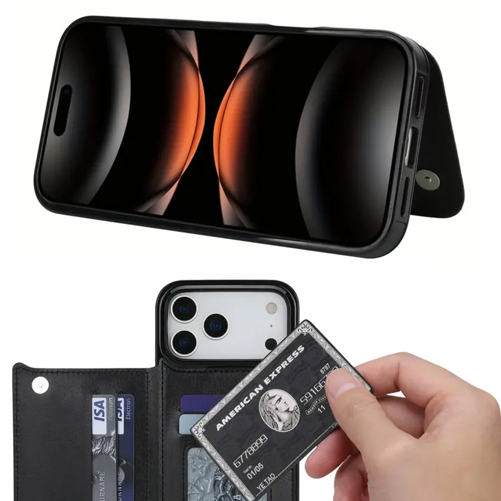 Leather Wallet Case for iPhone 17 Series Double Magnetic Flip Closure Full Body Drop Protection-Black