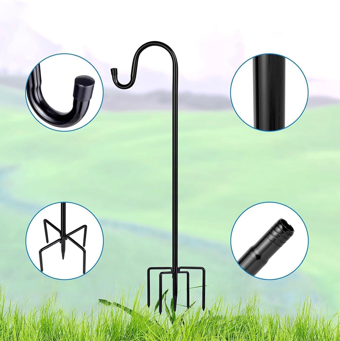 165cm Metal Shepherd Hook Bird Feeder Pole with Five Prong Outdoor Base