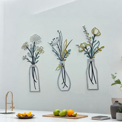 3Pcs Set Metal Flowers Wall Arts Minimalist Wall-Mount Flower Decors for Home Office Colorful
