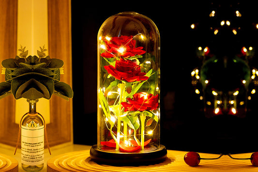 Three Rose in Glass Dome Eternal Flower LED Valentine's Day Wedding Decor with LED Light