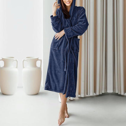 Warm Hooded Bathrobe Long Cozy Spa Hoodie Robes for Ladies  Navy