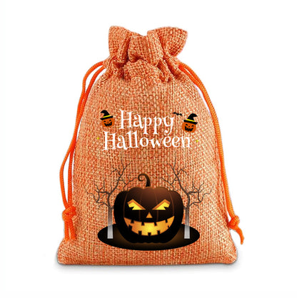 12 Pack Halloween Burlap Drawstring Gift Bags with Pumpkin Ghost Designs - Orange