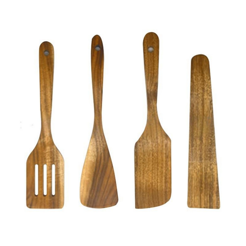 4Pcs Wooden Cooking Utensil with Paddle, Turner Slotted Spurtle and Wood Scraper