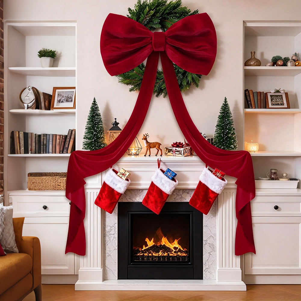 Oversized Velvet Christmas Tree Bow with Long Streamers - Wine Red