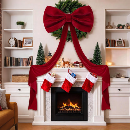 Oversized Velvet Christmas Tree Bow with Long Streamers - Wine Red