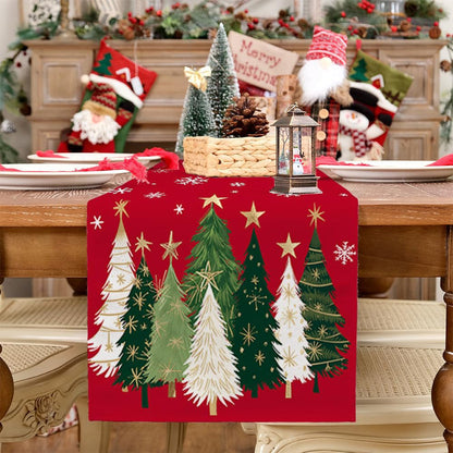 Christmas Table Runner with Xmas Trees Festive Tablecloth Cover for Kitchen Dinner Party Red