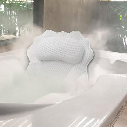 Bath Pillow with Headrest and 6 Suction Cups for Tub Support and Relaxation White