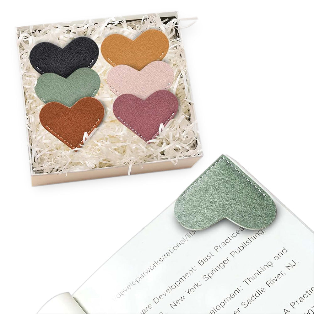 6PCS PU Leather Heart Bookmarks Cute Corner Page Holders for Books