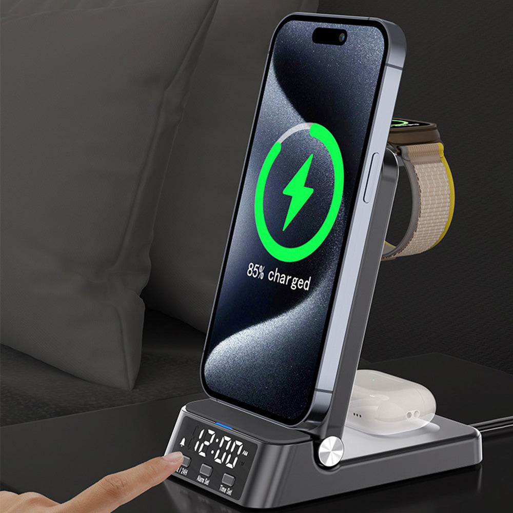 3-in-1 Wireless Charging Station with Digital Alarm Clock Fast Charging Dock for Samsung Black