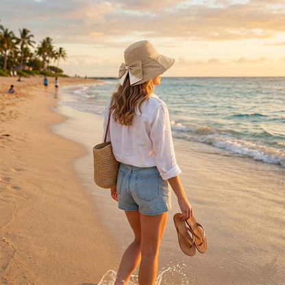 Wide Brim Bow Sun Hat Foldable Breathable Hat for Women - Khaki