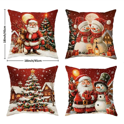4 Pack 45x45cm Christmas Pillow Covers Plush Pillowcase - Red
