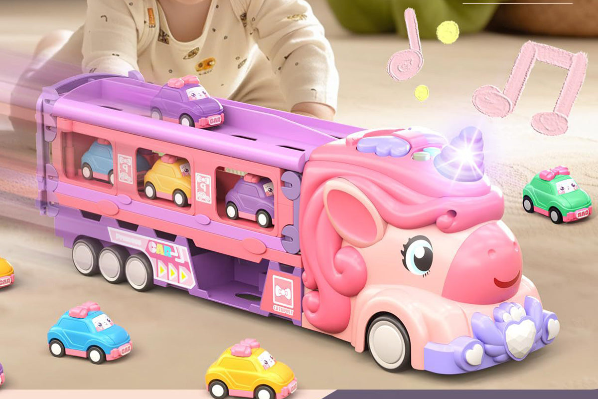 Car Toys Unicorn Toys Truck with Foldable Race Track and 6 Princess Cars for Girls