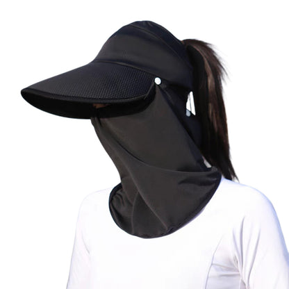 Wide Brim Sun Shade Hat with Ponytail Hole Detachable Breathable Face Cover Neck Flap Black