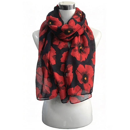Vintage Floral Polyester Scarf Shawl for Travel and Sun Coverage - Black