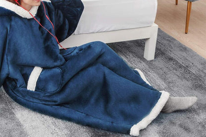Wearable Blanket Hoodie Cozy Warm Fleece Sherpa Blanket-Navy blue