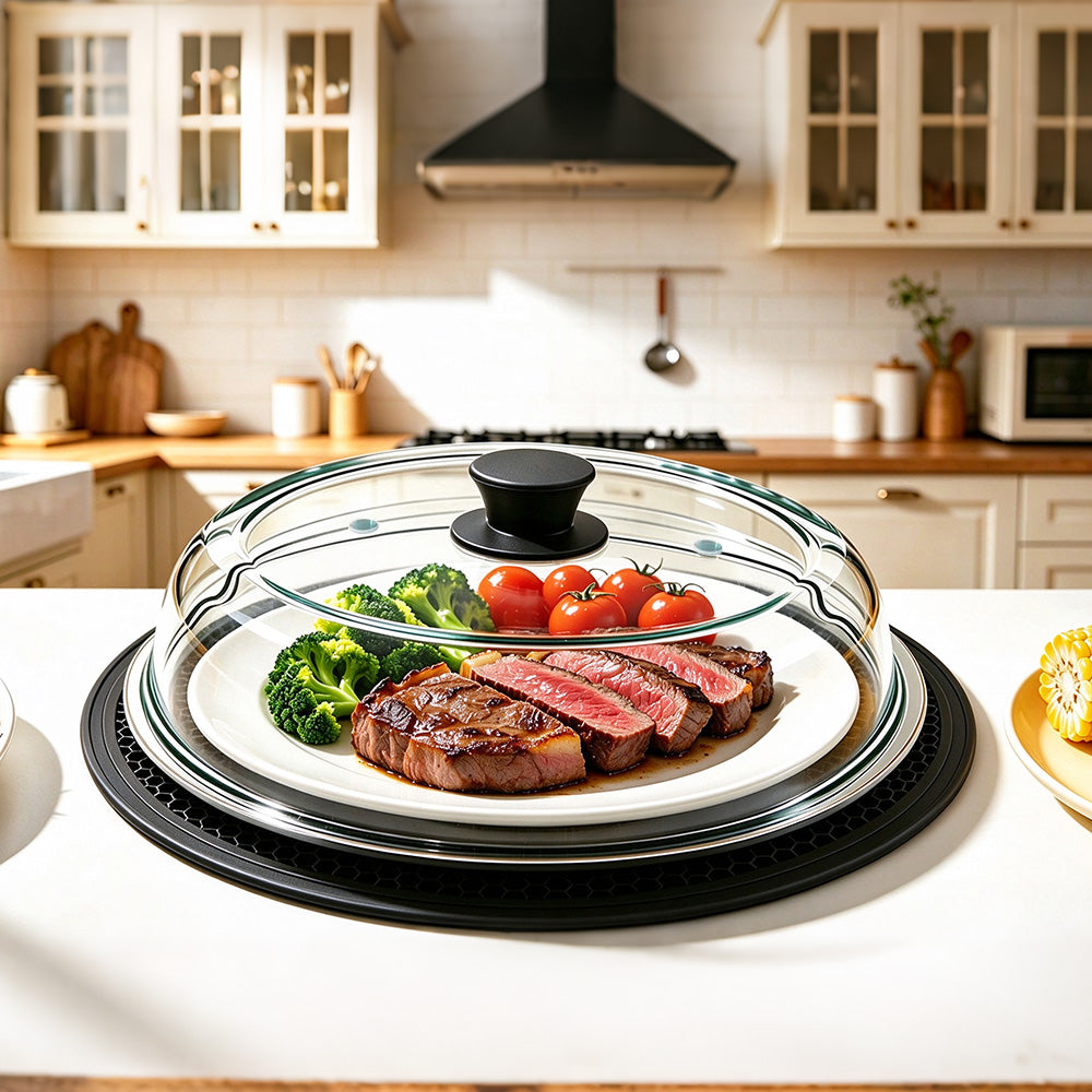 Microwave Glass Splatter Cover with Silicone Trivet Dual Vents - Black