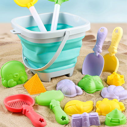 17 Piece Set Beach Toy Set with Foldable Sand Bucket- Green