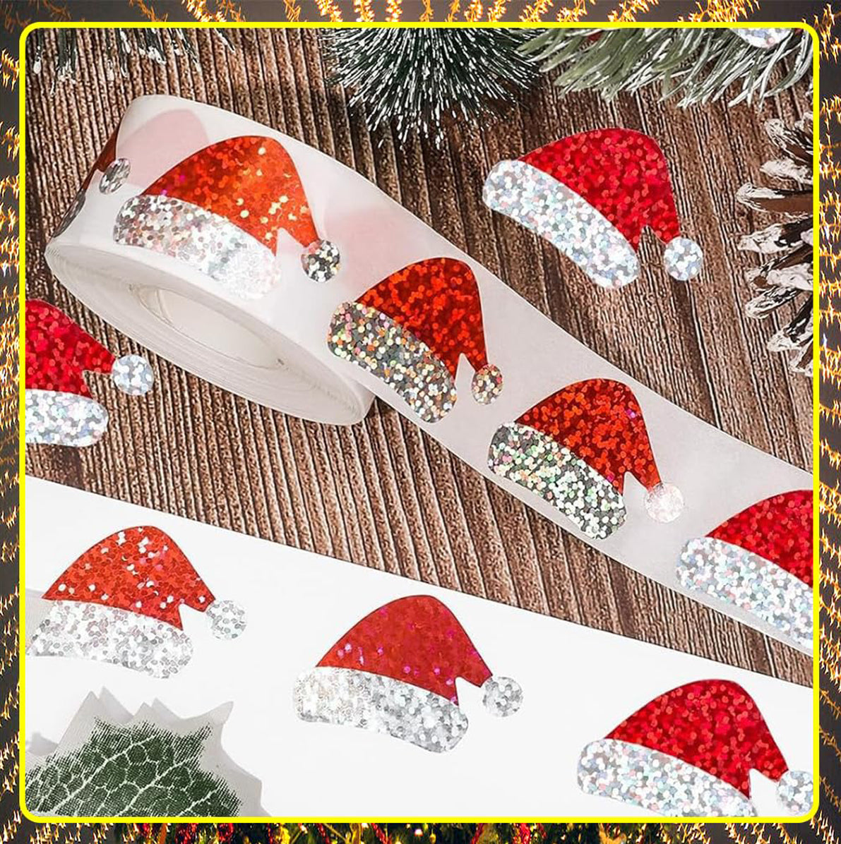 2 Rolls of 500 Christmas Holographic Stickers 3cm Diameter - Christmas Hat