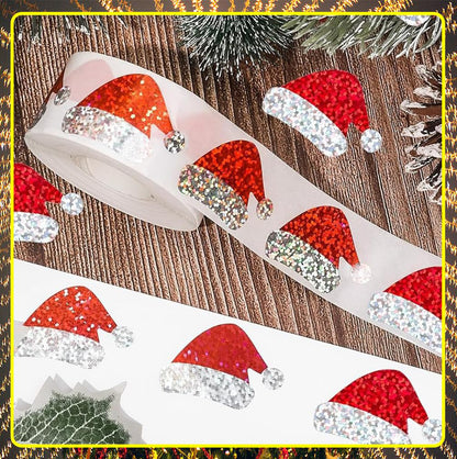 2 Rolls of 500 Christmas Holographic Stickers 3cm Diameter - Christmas Hat