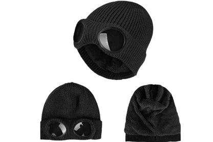 Winter Ski Hat with Goggles Thermal Knit Beanie - Black
