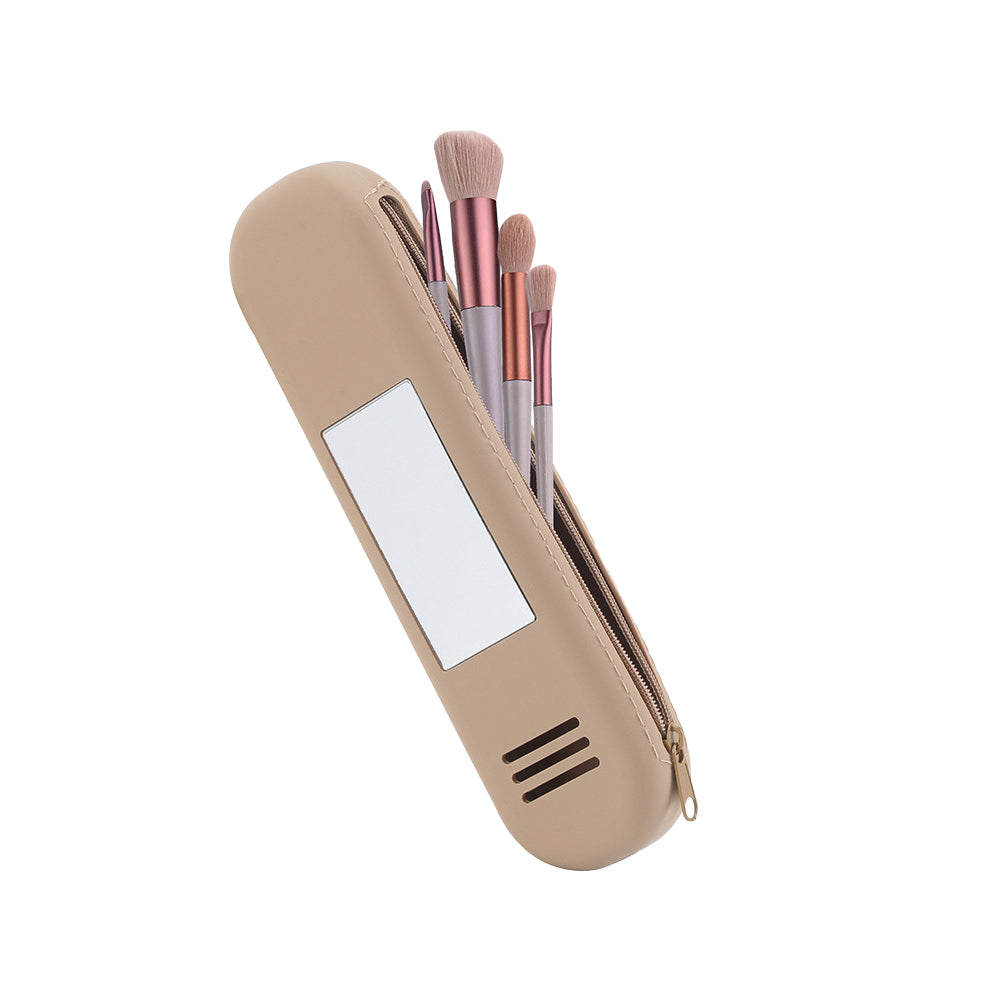 Portable Travel Bag Organiser Make Up Brush Bag Cosmetic Pouch Toiletry Case with Mirror Khaki