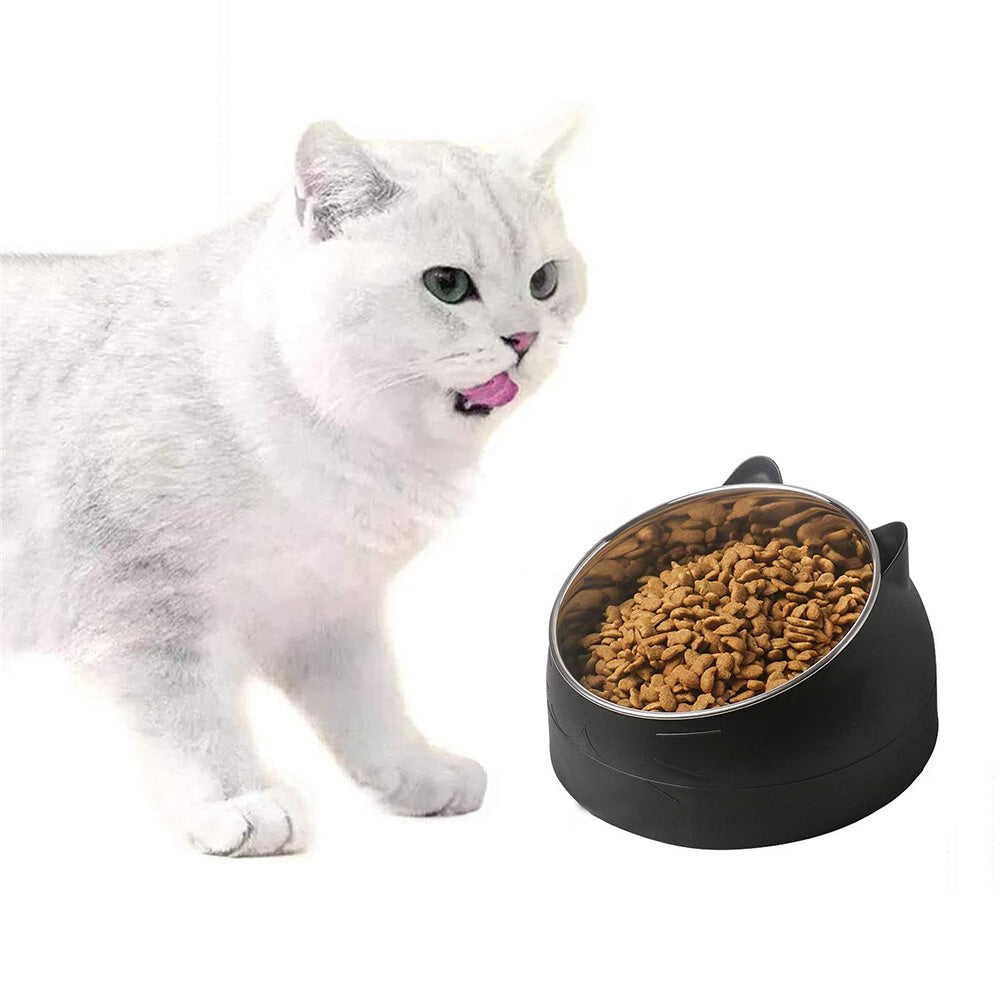 400ml Stainless Steel Tilted Pet Bowl Non-Slip Raised Feeder for Cats and Dogs-Black