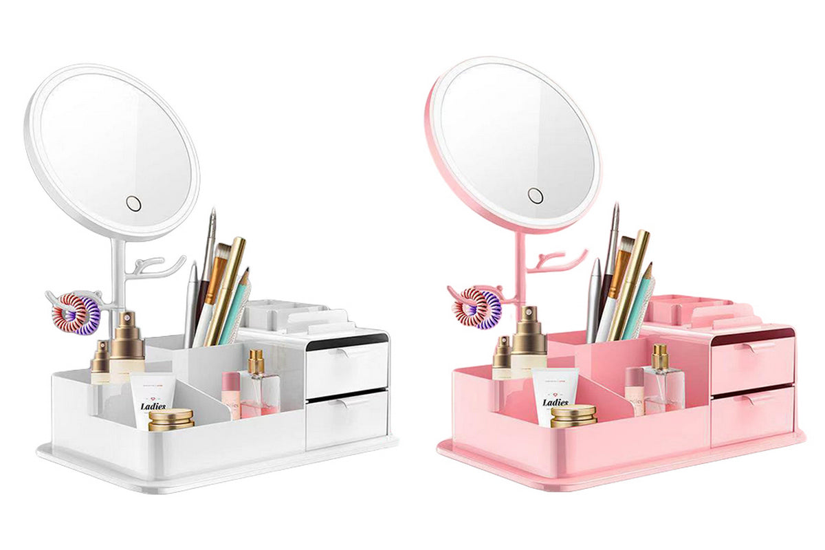 2Pcs Portable Makeup Storage Box With LED Light Up Mirror Storage Makeup Brushes-Pink And White