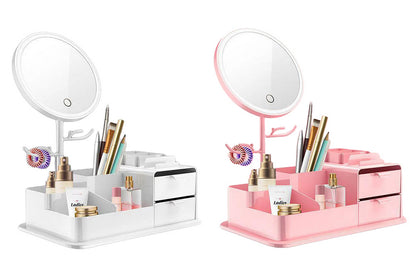 2Pcs Portable Makeup Storage Box With LED Light Up Mirror Storage Makeup Brushes-Pink And White