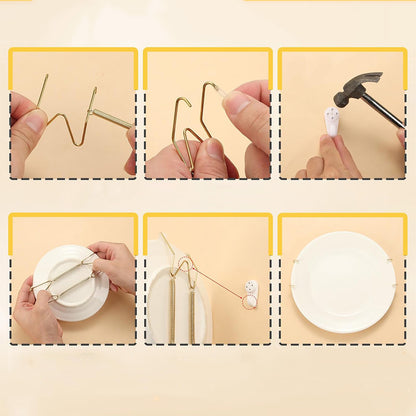 14Pcs Invisible Plate Hangers for Wall Display Stainless Steel Gold Plate Holder Set