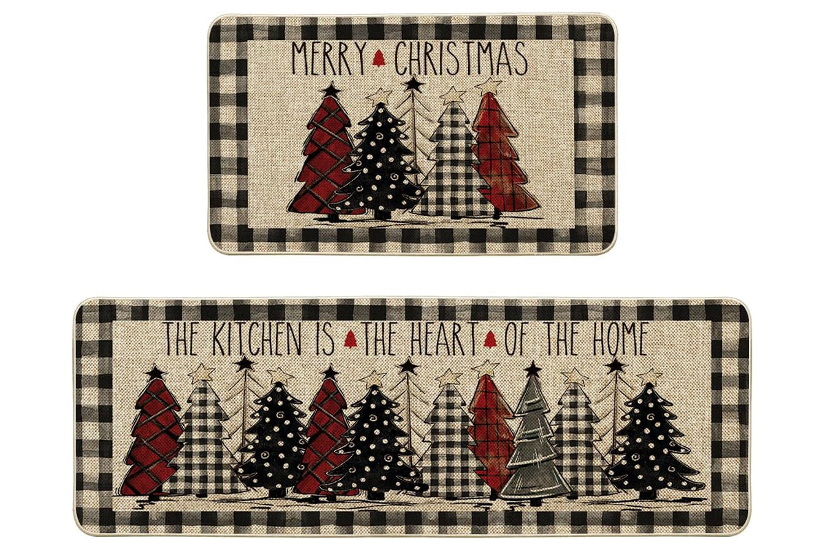 2Pcs Set Merry Christmas Tree Kitchen Rug and Mat Non Slip Christmas Decorative Doormat for Bedroom Bathroom