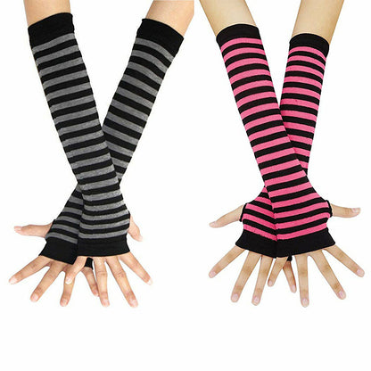 3 Pairs Women Fingerless Arm Warmers Striped Knit Winter Gloves