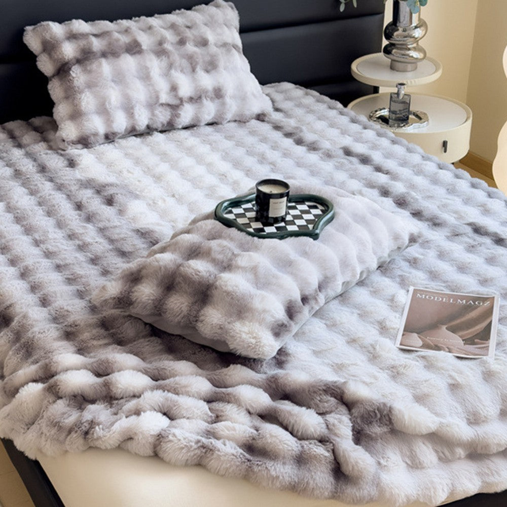 Plush Fitted Sheet with 2 Pillowcases Set Warm Mattress Cover Faux Fur Fitted Sheet Bedding Kit Grey