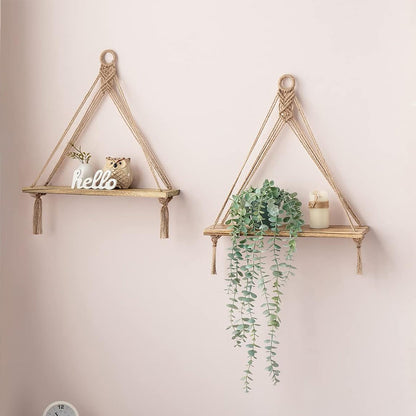 2 Pieces Bohemian Macrame Rope Wall Display Shelf with Tassels