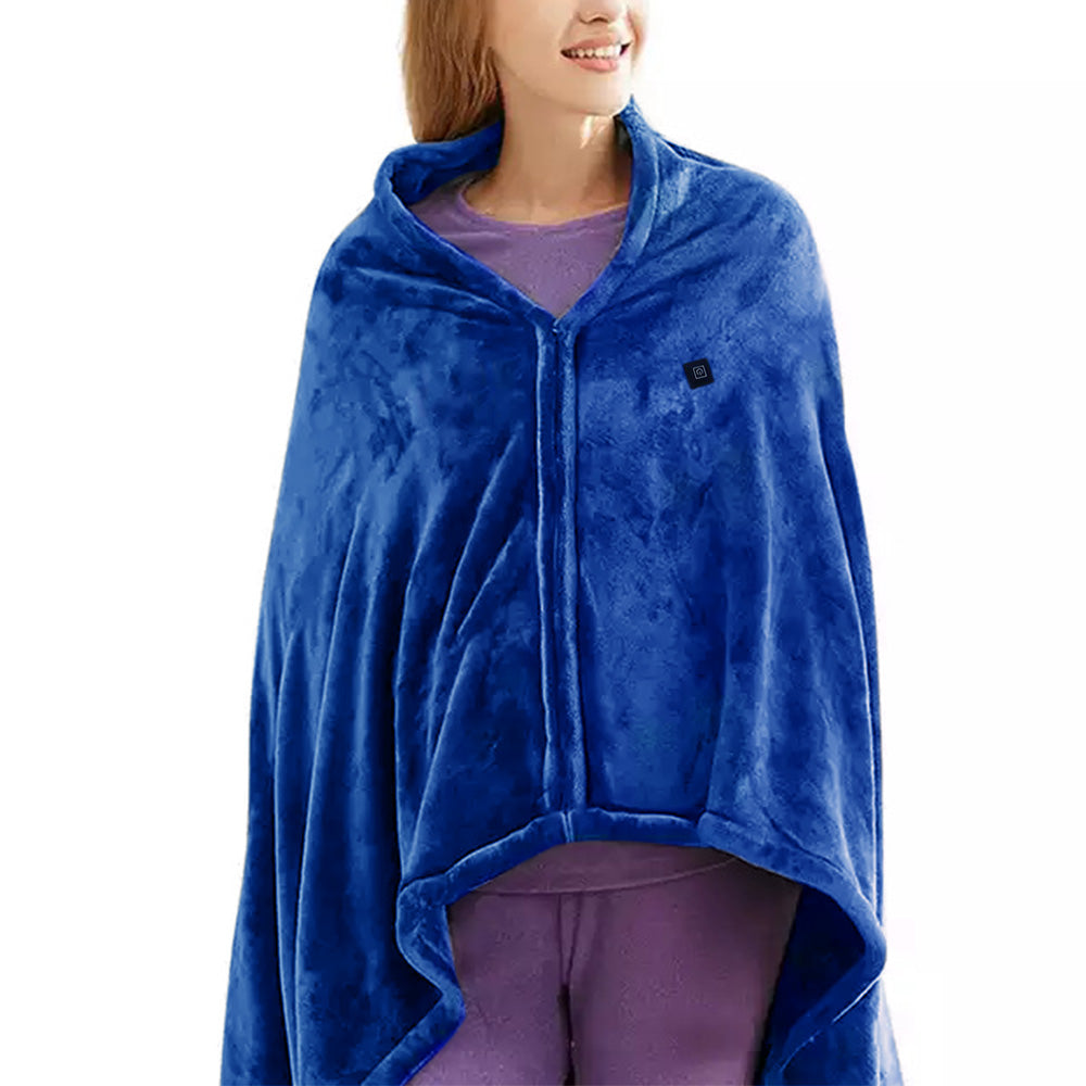Portable Heated Blanket USB Charging Plush Warm Shawl Wearable for Home Office -Blue