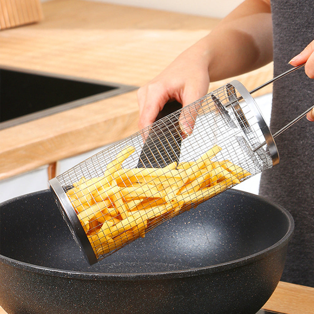 2 Pieces Rolling Grill Basket Locking Lid Stainless Steel BBQ Cage