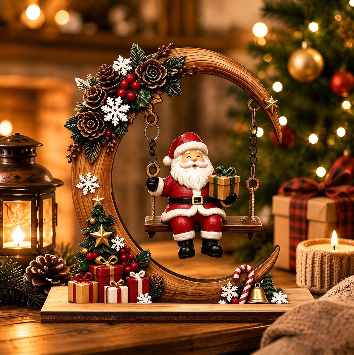 Engineered Wood Crescent Santa Swing Christmas Table Ornament